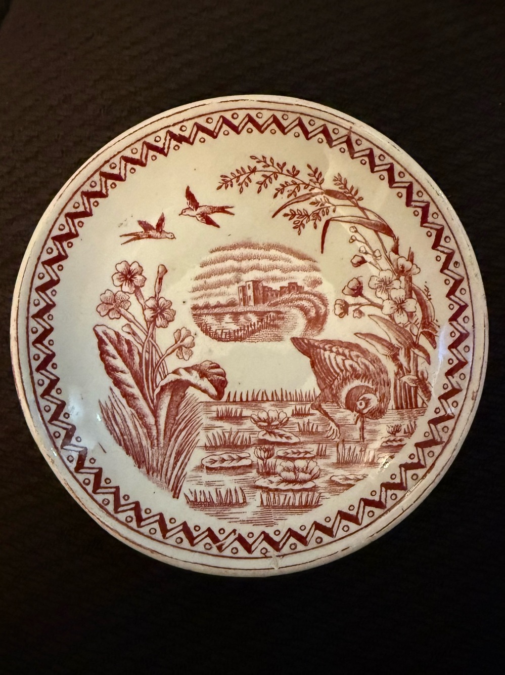 Decorative Red and White Transferware Plate - Floral Pond Design